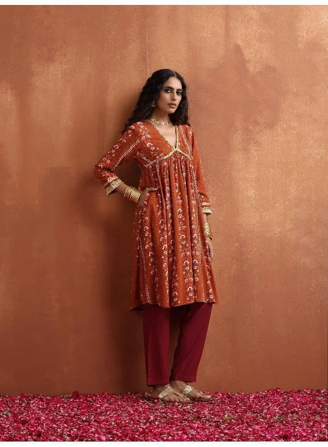 trueBrowns Orange Print Anarkali Kurta Co-ord Set