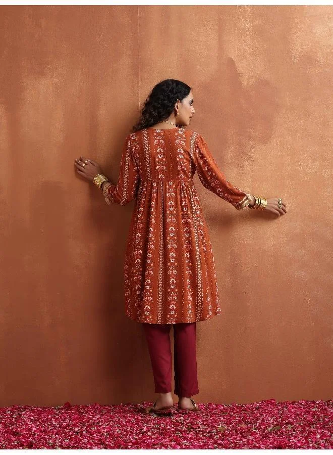 trueBrowns Orange Print Anarkali Kurta Co-ord Set