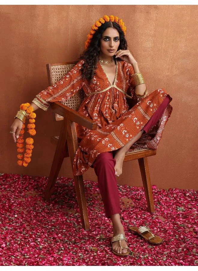 trueBrowns Orange Print Anarkali Kurta Co-ord Set