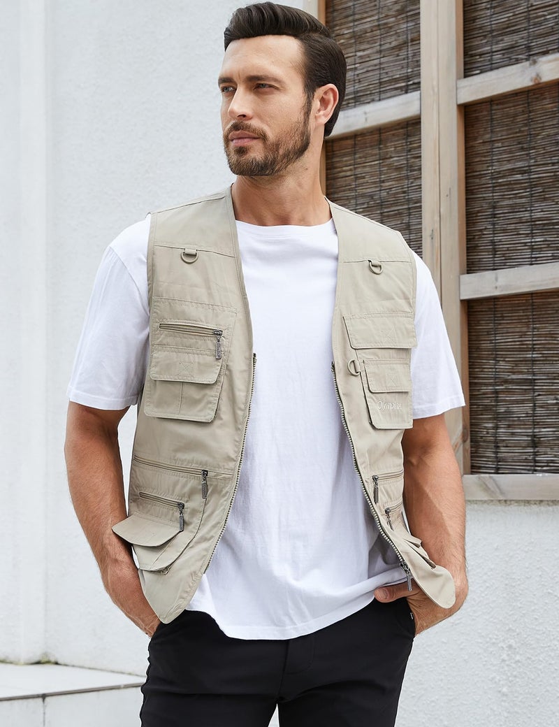 Gihuo Men's Fishing Vest Utility Safari Travel Vest with Pockets Outdoor Work Photo Cargo Fly Summer Vest (Medium, Beige) - Image 2