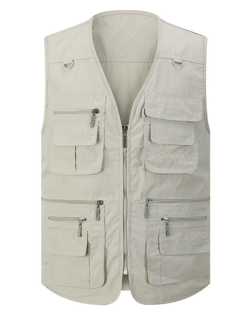 Gihuo Men's Fishing Vest Utility Safari Travel Vest with Pockets Outdoor Work Photo Cargo Fly Summer Vest (Medium, Beige) - Image 1