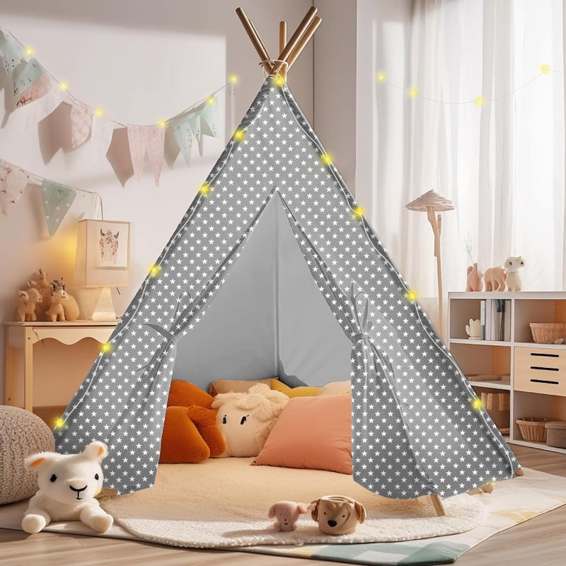 Atlasonix Indoor Teepee Tent for Kids with Stars Led Lights - Pop-Up Playhouse for Boys and Girls - Toddler Reading Corner Tent - Child Teepee for Play and Imagination 100% cotton Canvas Tipi Tents for Children - Image 1