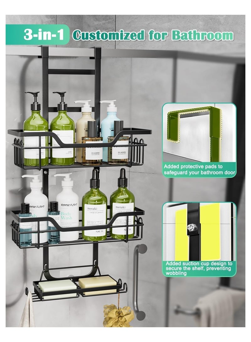 NANAO حامل دش ثلاثي الطبقات فوق الباب لتخزين الحمام، منظم دش معلق بدون حفر، رف دش للحمام مع 4 خطافات و 2 حامل صابون - أسود - Image 2