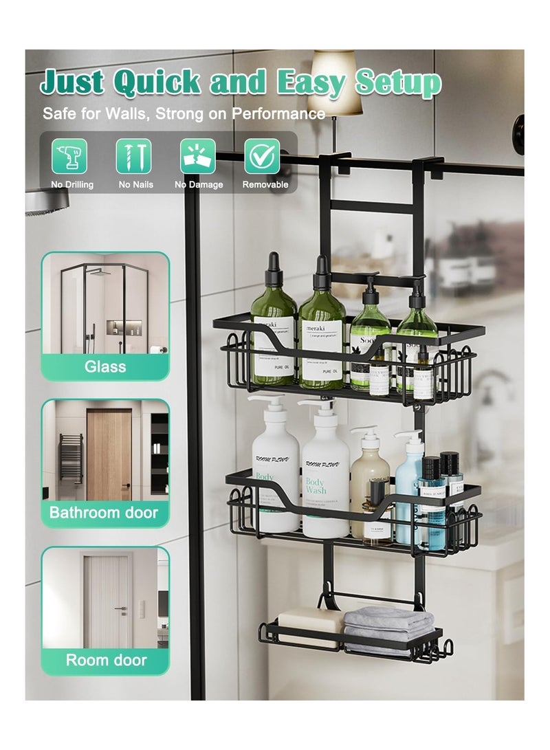 NANAO حامل دش ثلاثي الطبقات فوق الباب لتخزين الحمام، منظم دش معلق بدون حفر، رف دش للحمام مع 4 خطافات و 2 حامل صابون - أسود - Image 5
