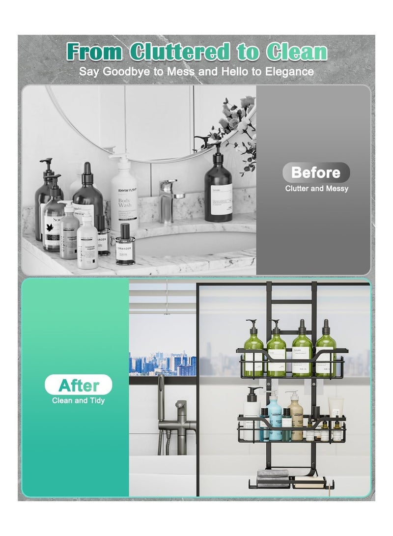 NANAO حامل دش ثلاثي الطبقات فوق الباب لتخزين الحمام، منظم دش معلق بدون حفر، رف دش للحمام مع 4 خطافات و 2 حامل صابون - أسود - Image 3