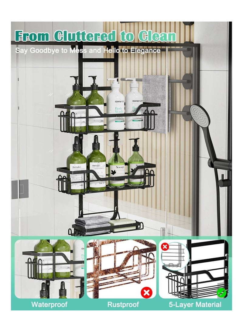 NANAO حامل دش ثلاثي الطبقات فوق الباب لتخزين الحمام، منظم دش معلق بدون حفر، رف دش للحمام مع 4 خطافات و 2 حامل صابون - أسود - Image 4