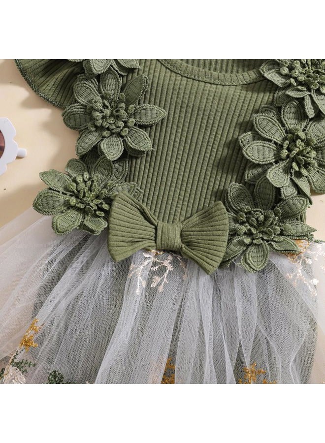 Douhoow Baby Girl Dress Romper Baby Romper Dress Flowers Embroidery Tulle Skirt Infant Girl Summer Clothes with Headband, Green, 6-12 Months - Image 3