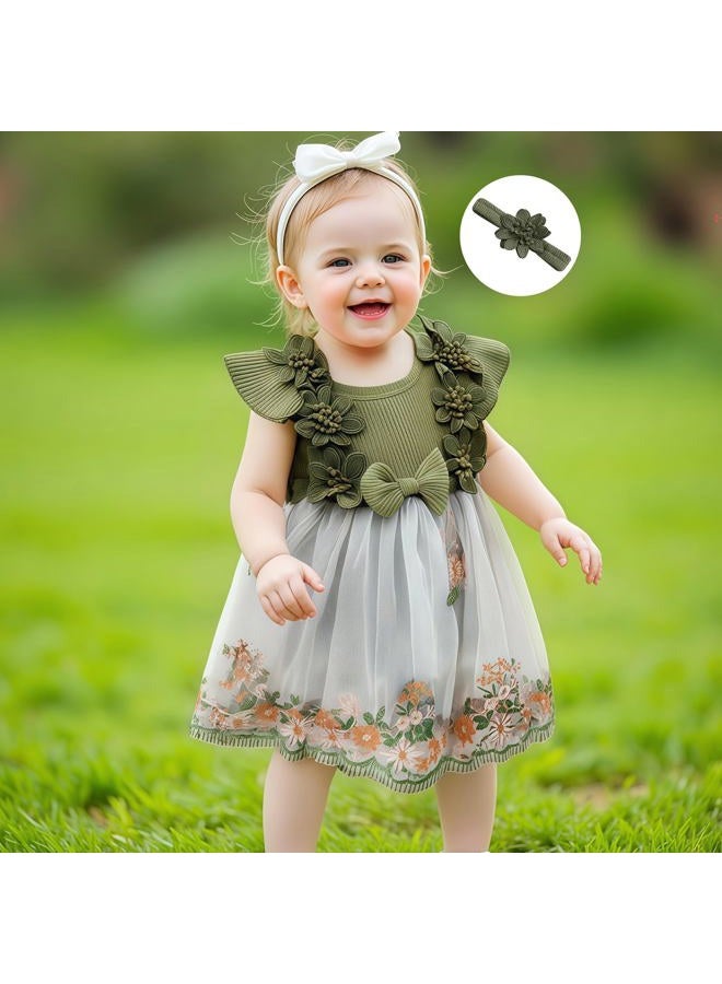 Douhoow Baby Girl Dress Romper Baby Romper Dress Flowers Embroidery Tulle Skirt Infant Girl Summer Clothes with Headband, Green, 6-12 Months - Image 5