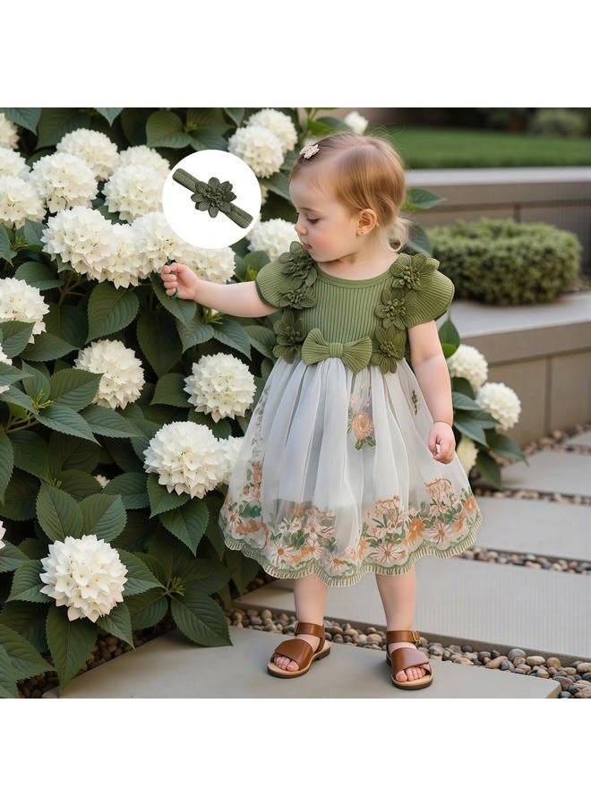 Douhoow Baby Girl Dress Romper Baby Romper Dress Flowers Embroidery Tulle Skirt Infant Girl Summer Clothes with Headband, Green, 6-12 Months - Image 4