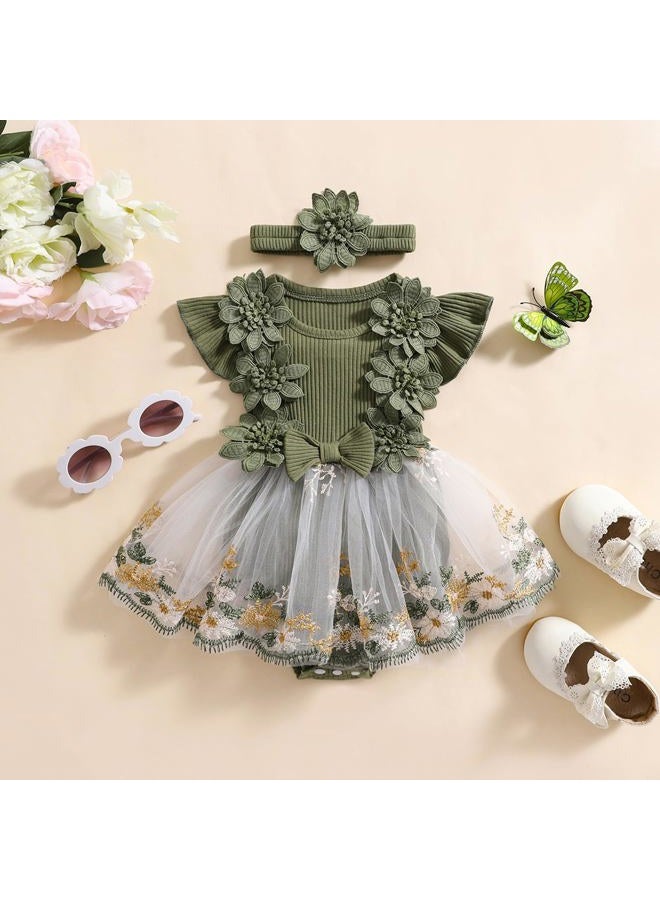 Douhoow Baby Girl Dress Romper Baby Romper Dress Flowers Embroidery Tulle Skirt Infant Girl Summer Clothes with Headband, Green, 6-12 Months - Image 2