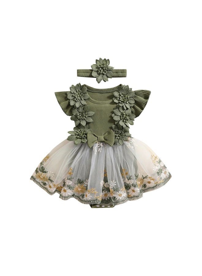 Douhoow Baby Girl Dress Romper Baby Romper Dress Flowers Embroidery Tulle Skirt Infant Girl Summer Clothes with Headband, Green, 6-12 Months - Image 1