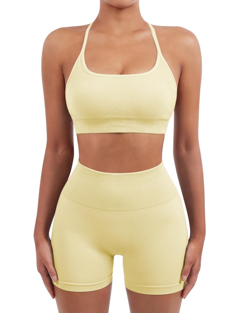 SUUKSESS Women Seamless 2 piece Workout Sets Strappy Padded Sports Bra Booty High Waisted Shorts Outfits (Pale Yellow,XS) - Image 2