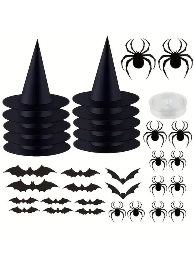 Halloween Witch Hat Set With Spiders Bats Stickers And Ropes 34pcs Costume Accessories - Image 1