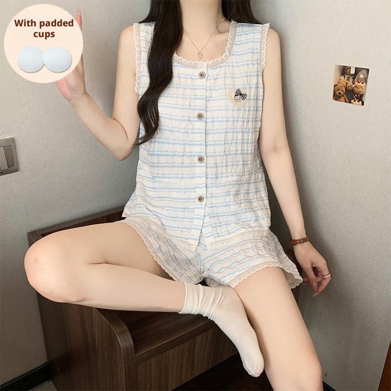 Women's Blue and White Striped Pajama Set with Lace Trim and Removable Pads - Image 2