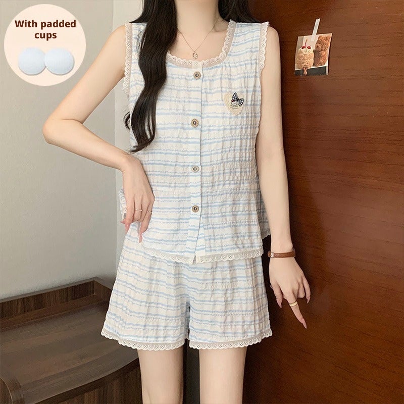 Women's Blue and White Striped Pajama Set with Lace Trim and Removable Pads - Image 4