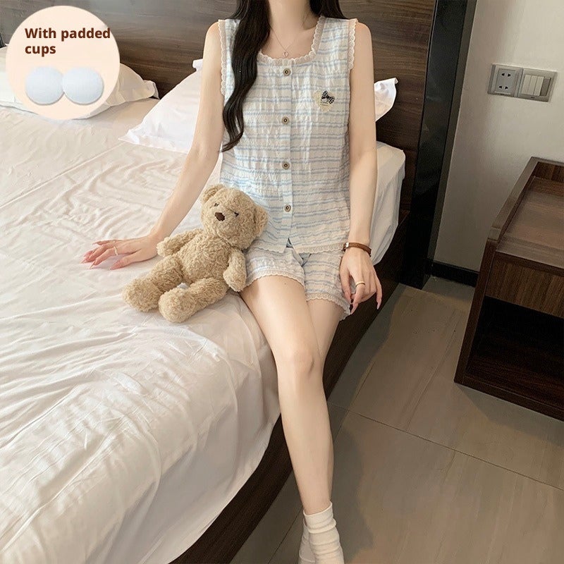 Women's Blue and White Striped Pajama Set with Lace Trim and Removable Pads - Image 3