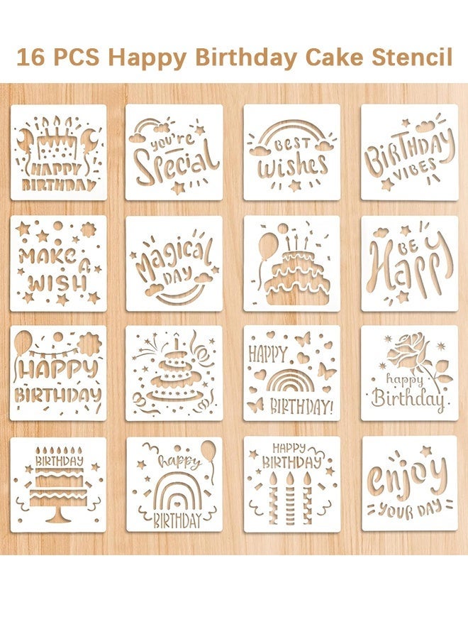 Wffo 16 PCS Happy Birthday Cake Stencil - 5.9 x 5.9 inches Cookie Templates Reusable Drawing Painting Stencil for Cakes, Card, Cookies, Baking, Party Templates Decor - Image 1