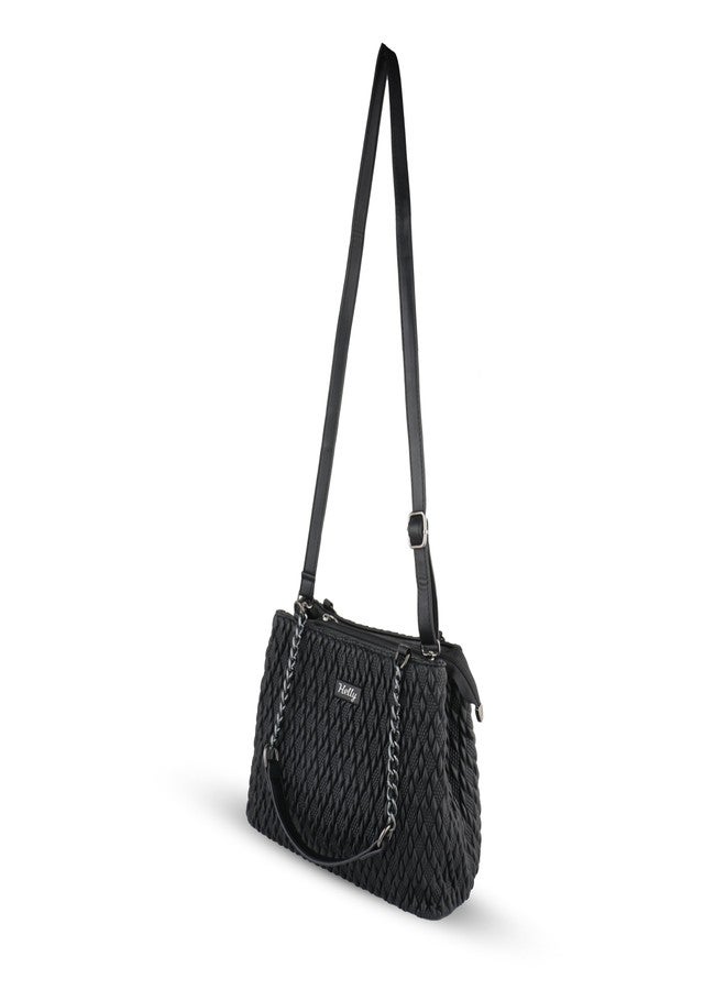 HELLY Stylish Quilted Handbag for Women | Vegan Leather Tote with Chain Handle & Sling Strap (Black) - Image 2