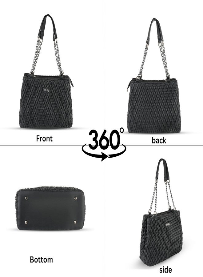 HELLY Stylish Quilted Handbag for Women | Vegan Leather Tote with Chain Handle & Sling Strap (Black) - Image 3