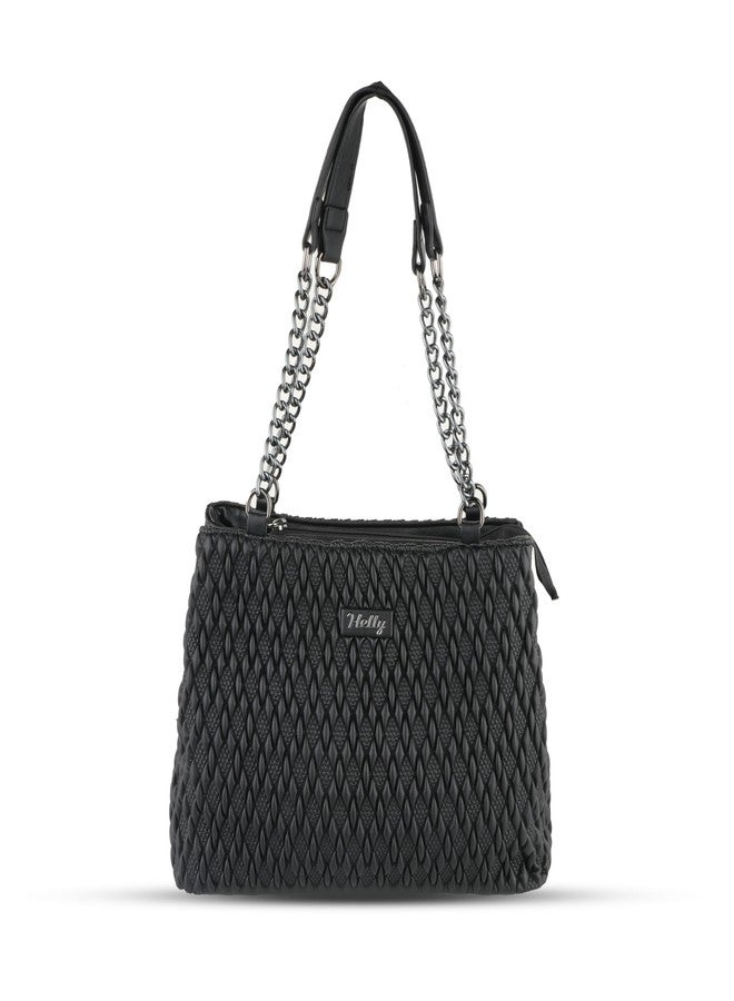 HELLY Stylish Quilted Handbag for Women | Vegan Leather Tote with Chain Handle & Sling Strap (Black) - Image 1