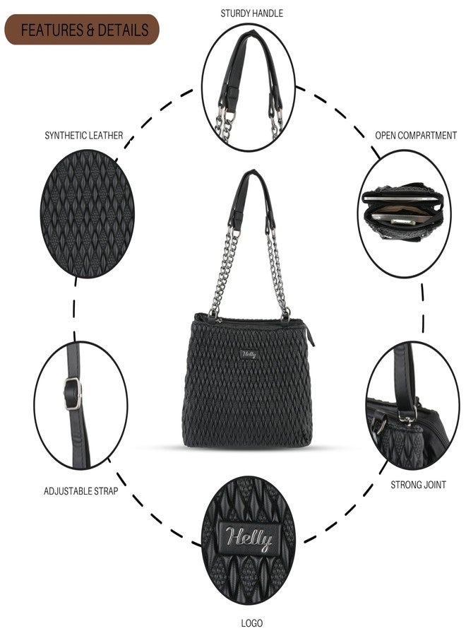 HELLY Stylish Quilted Handbag for Women | Vegan Leather Tote with Chain Handle & Sling Strap (Black) - Image 5