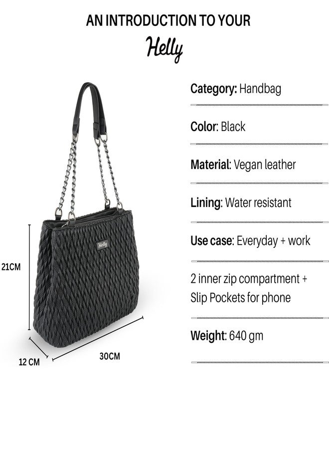 HELLY Stylish Quilted Handbag for Women | Vegan Leather Tote with Chain Handle & Sling Strap (Black) - Image 4