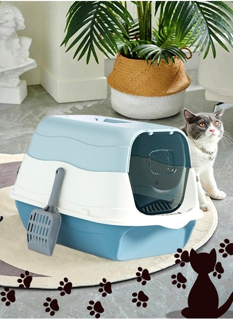Cat Litter Box Large Space With Lid Fully Enclosed Cat Toilet Box With Litter Scoop Closed Anti Splashing Kitty Litter Box Easy Installation (Blue)