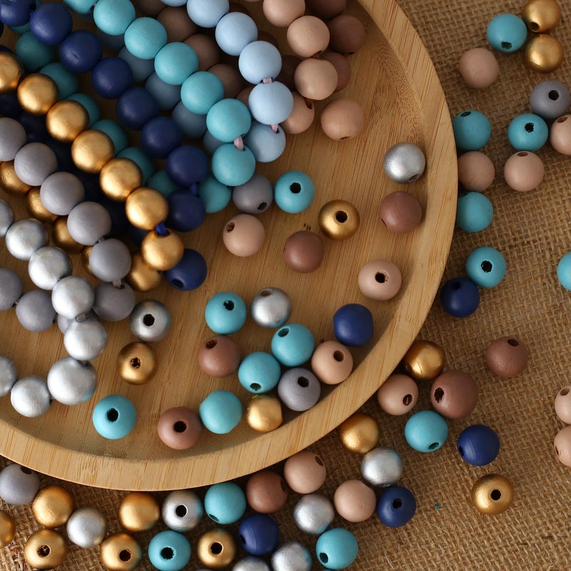 HERZWILD 500Pcs Colored Wooden Beads Round Blue Wooden Beads Colorful Natural Wood Beads Gold Festival Wood Beads Farmhouse Beads for DIY Crafts Easter Party Festival Decoration1cm