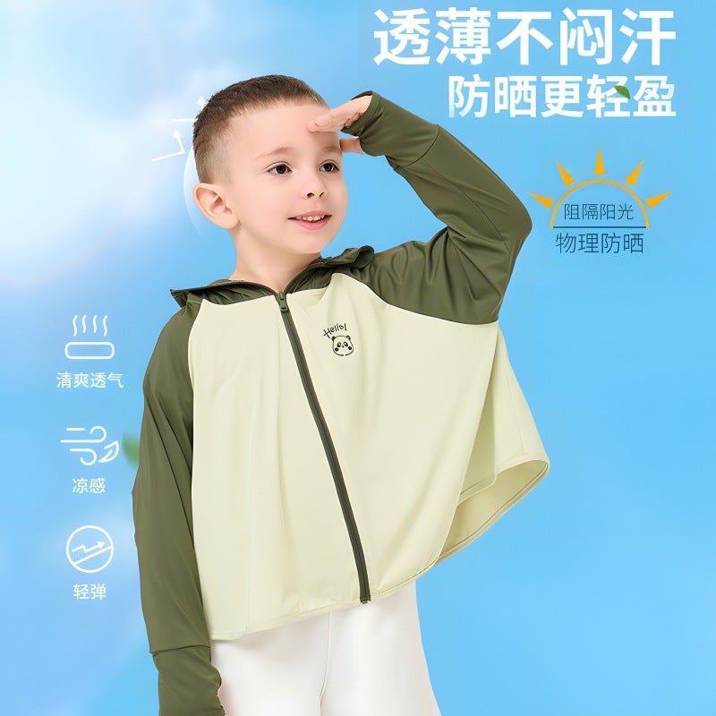 Childrens Sunscreen Clothing Summer Breathable UV Protection Sunscreen Shawl Cute Cartoon Baby Sunscreen Coat Color matching dark green