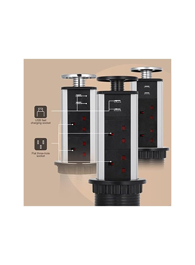 The Bros مقبس منبثق، مقبس كهربائي منبثق مع 3 مقابس بريطانية و 2 منفذ شحن USB لمكاتب المنزل والمطبخ، غلاف من سبائك الألمنيوم، سلك تمديد بطول 1.8 م - Image 3