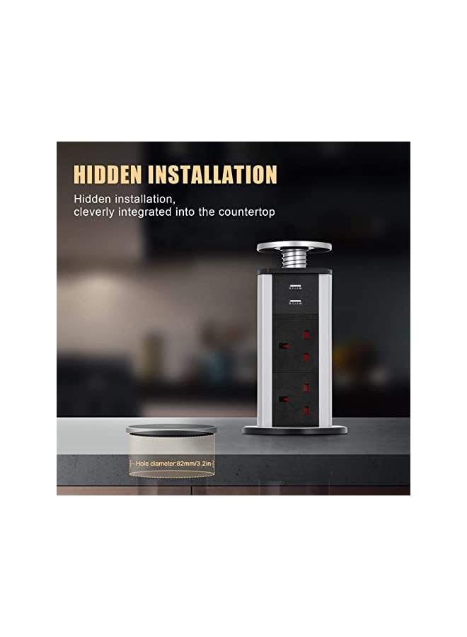 The Bros مقبس منبثق، مقبس كهربائي منبثق مع 3 مقابس بريطانية و 2 منفذ شحن USB لمكاتب المنزل والمطبخ، غلاف من سبائك الألمنيوم، سلك تمديد بطول 1.8 م - Image 4