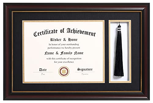 ELSKER&HOME 11x17 Diploma Frames with Tassel Holder for 8.5x11 Certificate Document Shadow Box, Mahogany Frame, Degree Double Mat, Black with Gold Rim - Image 1
