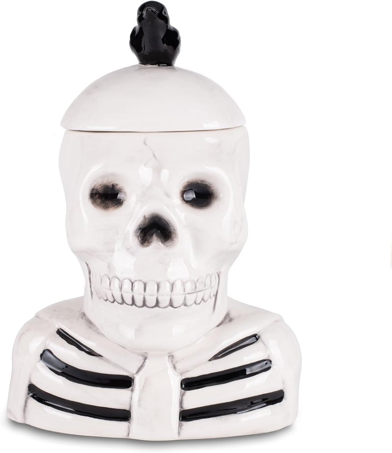 100 North Dolomite Ceramic 12 x 8.5 Halloween Cookie & Candy Jar with Airtight Lid: Perfect for Kitchen Canisters, Pet Treat Containers & Fall Decorative Candy Dish, Skeleton with a Crow - Image 1