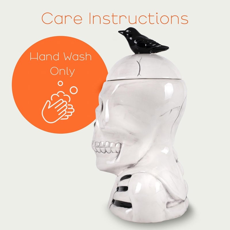 100 North Dolomite Ceramic 12 x 8.5 Halloween Cookie & Candy Jar with Airtight Lid: Perfect for Kitchen Canisters, Pet Treat Containers & Fall Decorative Candy Dish, Skeleton with a Crow - Image 3