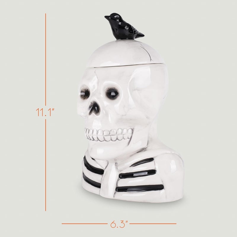 100 North Dolomite Ceramic 12 x 8.5 Halloween Cookie & Candy Jar with Airtight Lid: Perfect for Kitchen Canisters, Pet Treat Containers & Fall Decorative Candy Dish, Skeleton with a Crow - Image 2