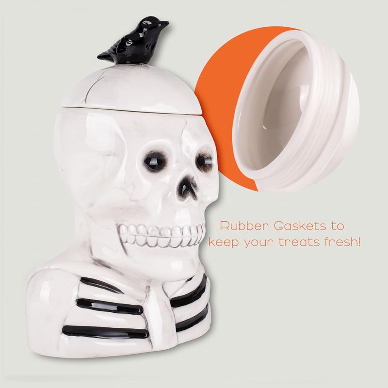 100 North Dolomite Ceramic 12 x 8.5 Halloween Cookie & Candy Jar with Airtight Lid: Perfect for Kitchen Canisters, Pet Treat Containers & Fall Decorative Candy Dish, Skeleton with a Crow - Image 4