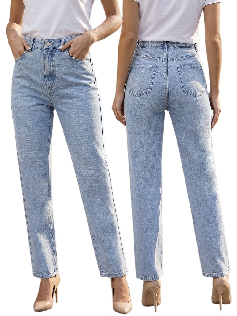 Women'S 2026 New Stretchy Blue Straight Jeans, Mid-Waisted Tummy-Control Cropped Jeans, Acid Washed Denim Trousers with Pockets, Elegant Ladies' Clothing, 4 Seasons Wearable Comfortable M... - Image 1