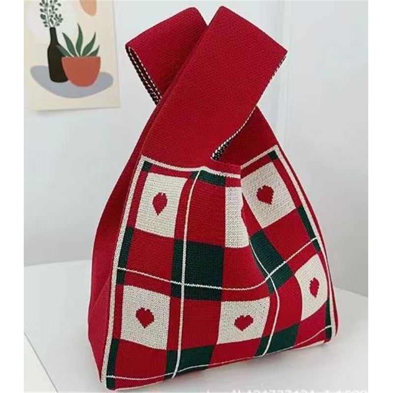 2025 Xipu Special Festive Wedding Gift Bag Special Hand Bag Vest Bag Sweet and Festive Knitted Bag 90g red-checkered heart