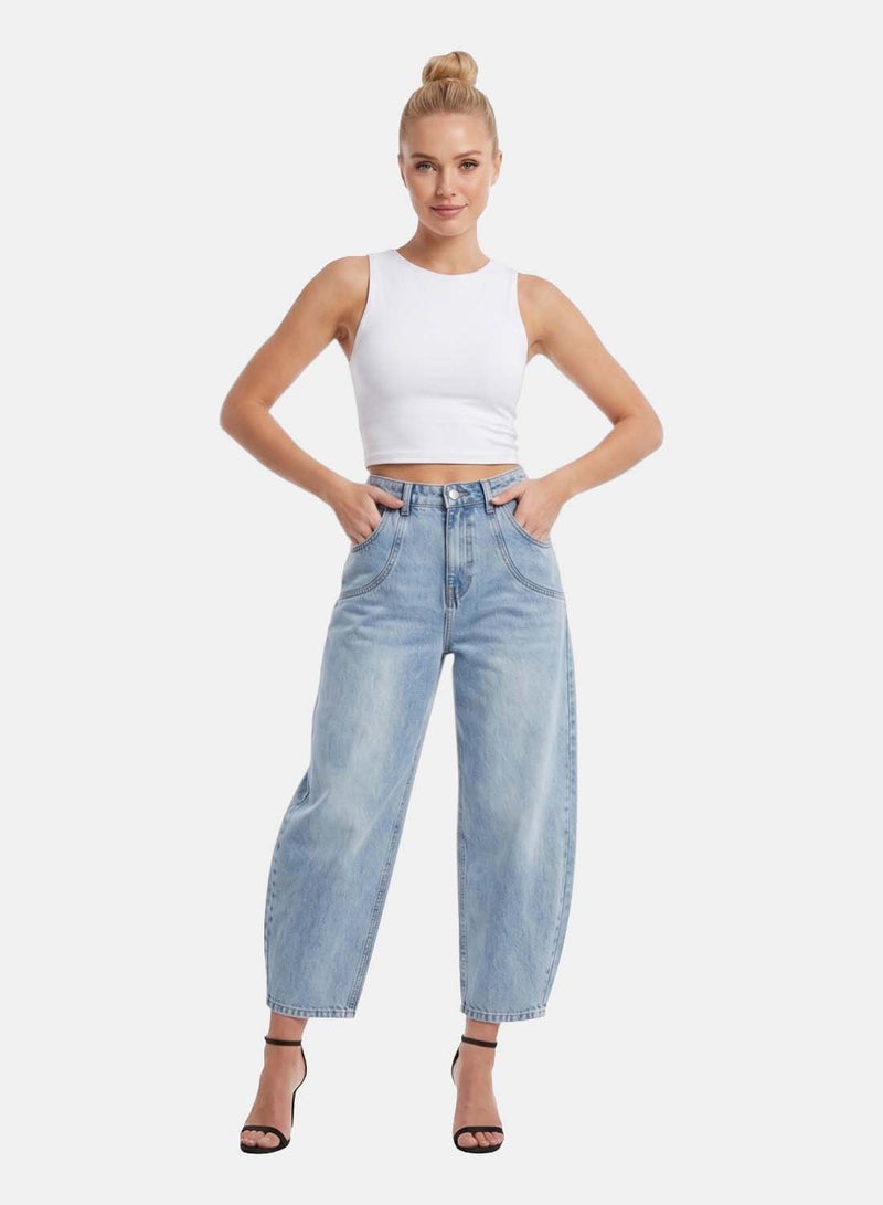 FOREVER 21 Curved Barrel-Leg Denim Jeans, Light Wash - Image 1