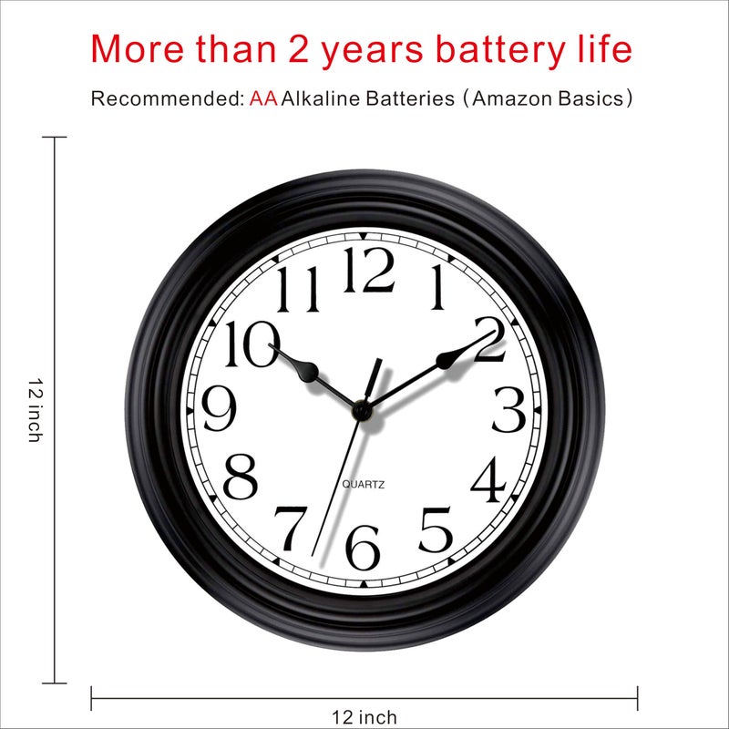 Foxtop Silent Non-Ticking Round Classic Clock Retro Quartz Decorative Battery Operated Wall Clock for Living Room Kitchen Home Office (12 Inch, Black) - Image 2