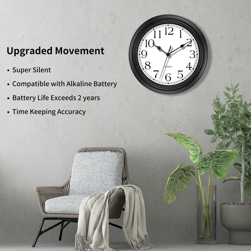 Foxtop Silent Non-Ticking Round Classic Clock Retro Quartz Decorative Battery Operated Wall Clock for Living Room Kitchen Home Office (12 Inch, Black) - Image 3