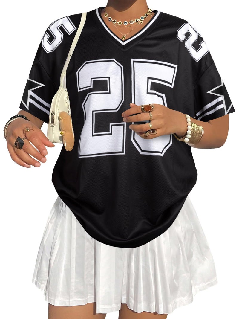MYHALF Jersey Shirts for Women Y2k Graphic Tees V Neck Baggy Streetwear Number Oversized T Shirt Summer Tops Black - Image 1