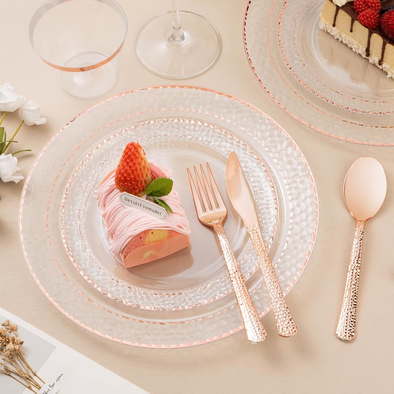 Bestluck 350PCS Clear Plastic Plates with Rose Gold Trim for 50 Guests, Disposable Dinnerware Set for Party, Wedding, Include 100 Plastic Plates, 50 Pre Rolled Napkins with Silverware, 50 Cups - Image 5