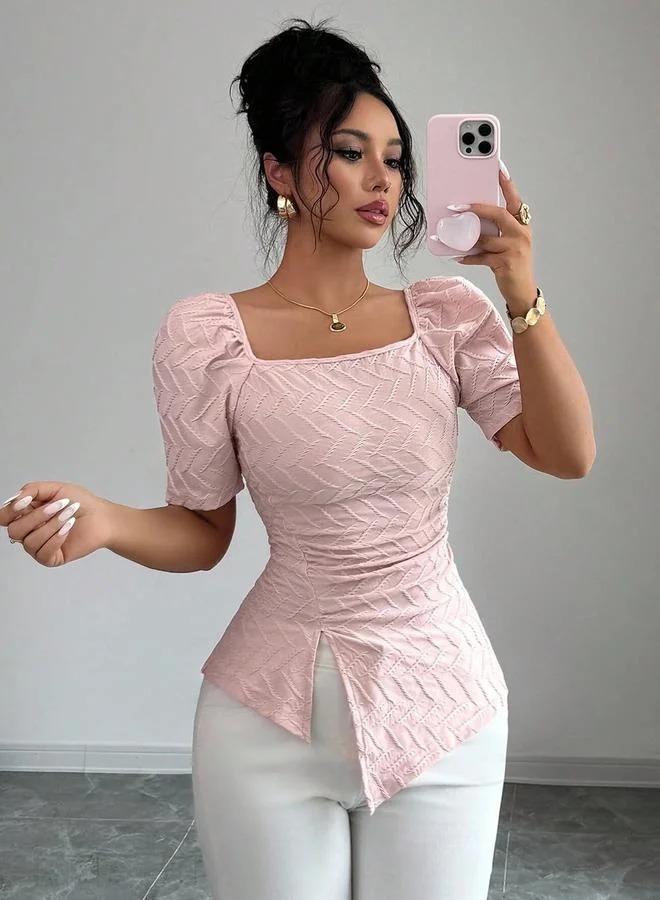 تايك تو Pink Textured Knit Top with Square Neck and Puff Sleeves