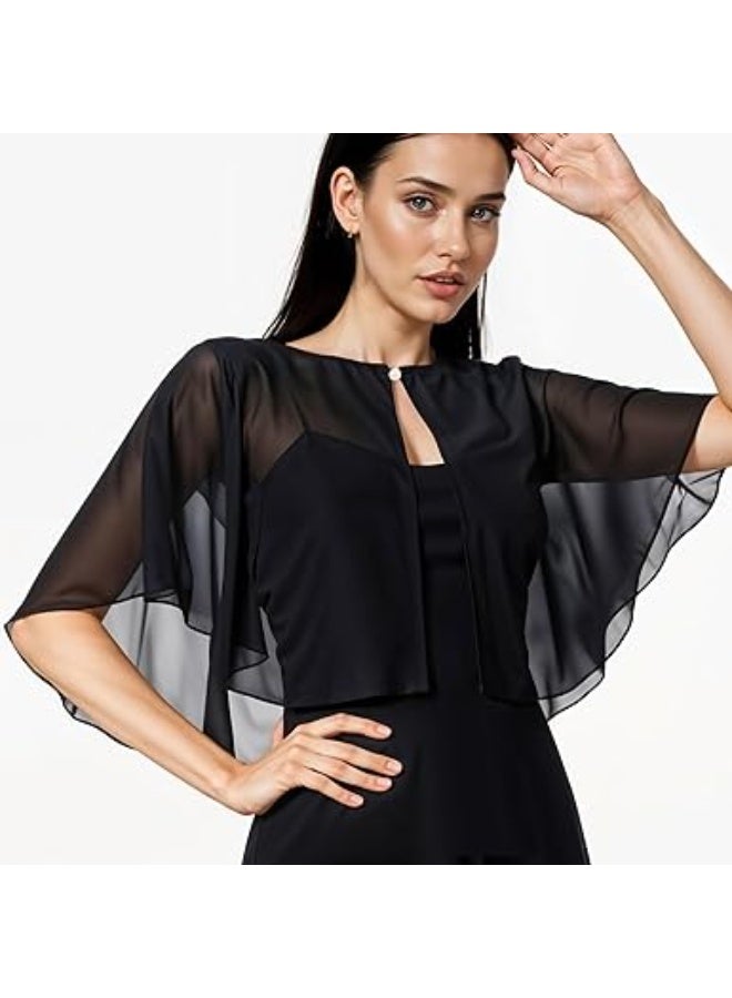 SUNSAR Soft Chiffon Shawl Wraps Shrug for Evening Dress Wedding Vintage Style Cape for Women(Black) - Image 2