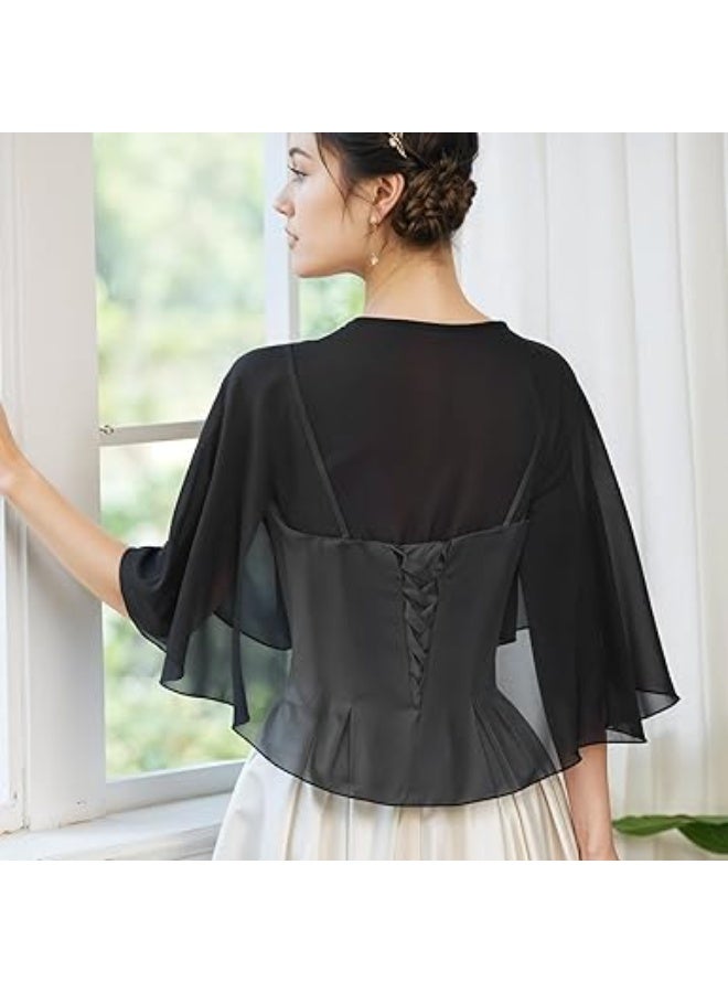 SUNSAR Soft Chiffon Shawl Wraps Shrug for Evening Dress Wedding Vintage Style Cape for Women(Black) - Image 5