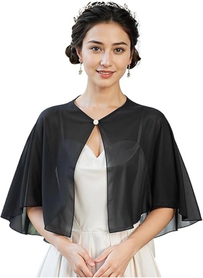 SUNSAR Soft Chiffon Shawl Wraps Shrug for Evening Dress Wedding Vintage Style Cape for Women(Black) - Image 3