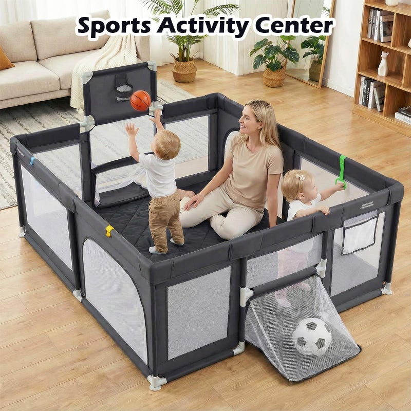 INFANS 74" x 62" Baby Playpen with Soft Mat, Basketball Hoop, 2 Soccer Goals, 4 Handles & 50 Ocean Balls, Breathable Mesh, Large Play Yard for Toddlers (Grey Black) - Image 3