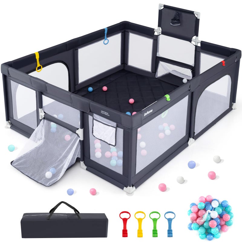 INFANS 74" x 62" Baby Playpen with Soft Mat, Basketball Hoop, 2 Soccer Goals, 4 Handles & 50 Ocean Balls, Breathable Mesh, Large Play Yard for Toddlers (Grey Black) - Image 1