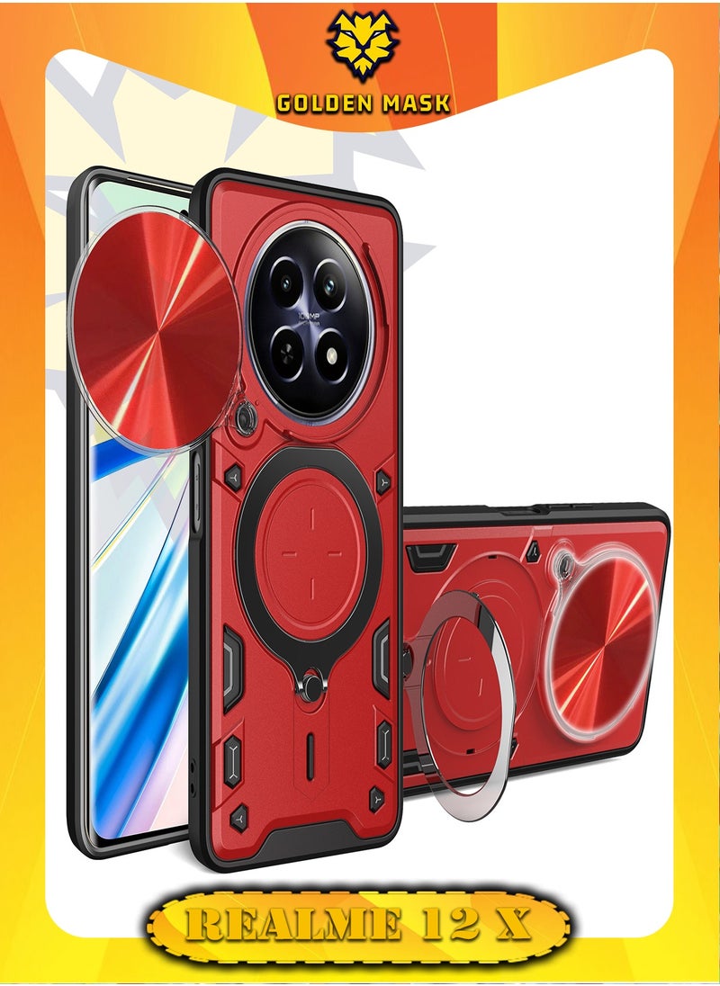 جولدن ماسك جولدن ماسك لهاتف ريلمى 12/ ريلمى 12 اكس (Realme 12/Realme 12X) جراب حماية مع باب جرار لحماية عدسة  الكاميرا المدرعة مدمج بزاوية 360 درجة - (احمر) 
